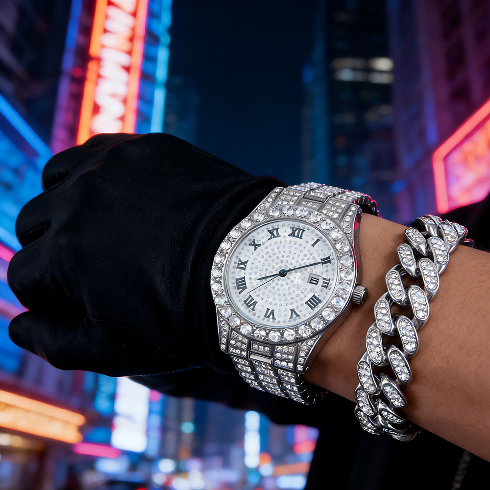 Jewelry Watches Men - 1 ヒップホップ フルダイヤモンド シルバー クォーツ時計、絶妙な高級感あふれる光沢のある腕時計、男性と女性へのギフト、日常着用アクセサリー