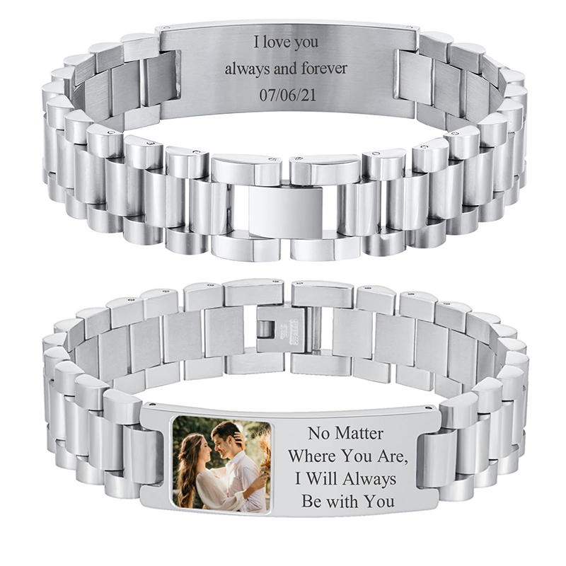 Jewelry Watches Men - カスタム画像テキストブレスレット時計バンドステンレス鋼リンクブレスレットカスタム彫刻写真/テキスト/名前ブレスレットジュエリー男性用