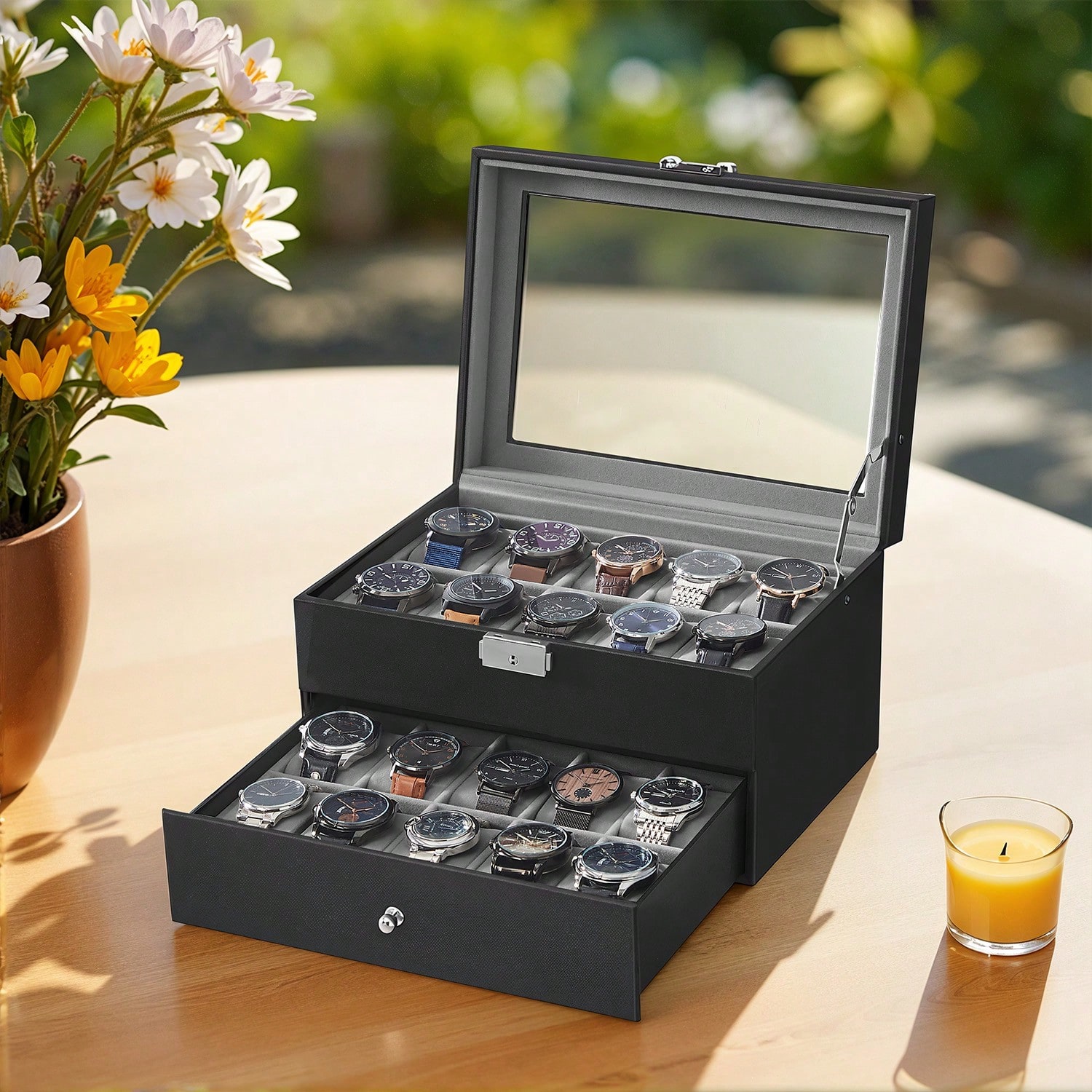 Jewelry And Watches Box - 20スロット腕時計ボックス、ガラス蓋とロック付き、2層レザー腕時計ディスプレイケースオーガナイザー、男性女性用大型収納ホルダー、ブラック