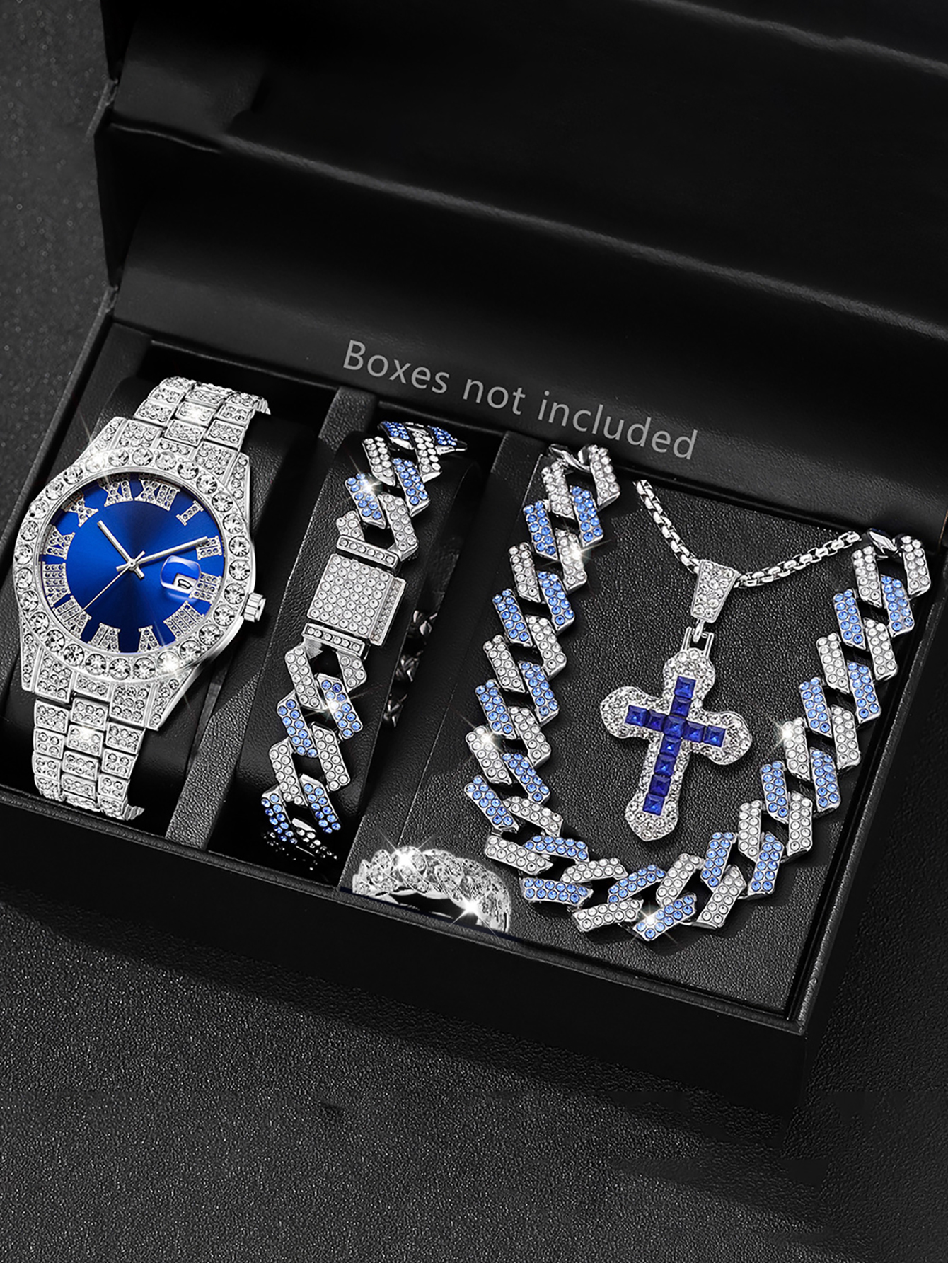 Jewelry Watches Silver - シルバーブルー メンズクォーツ腕時計セット ヒップホップブレスレット ネックレス リング カレンダー付き