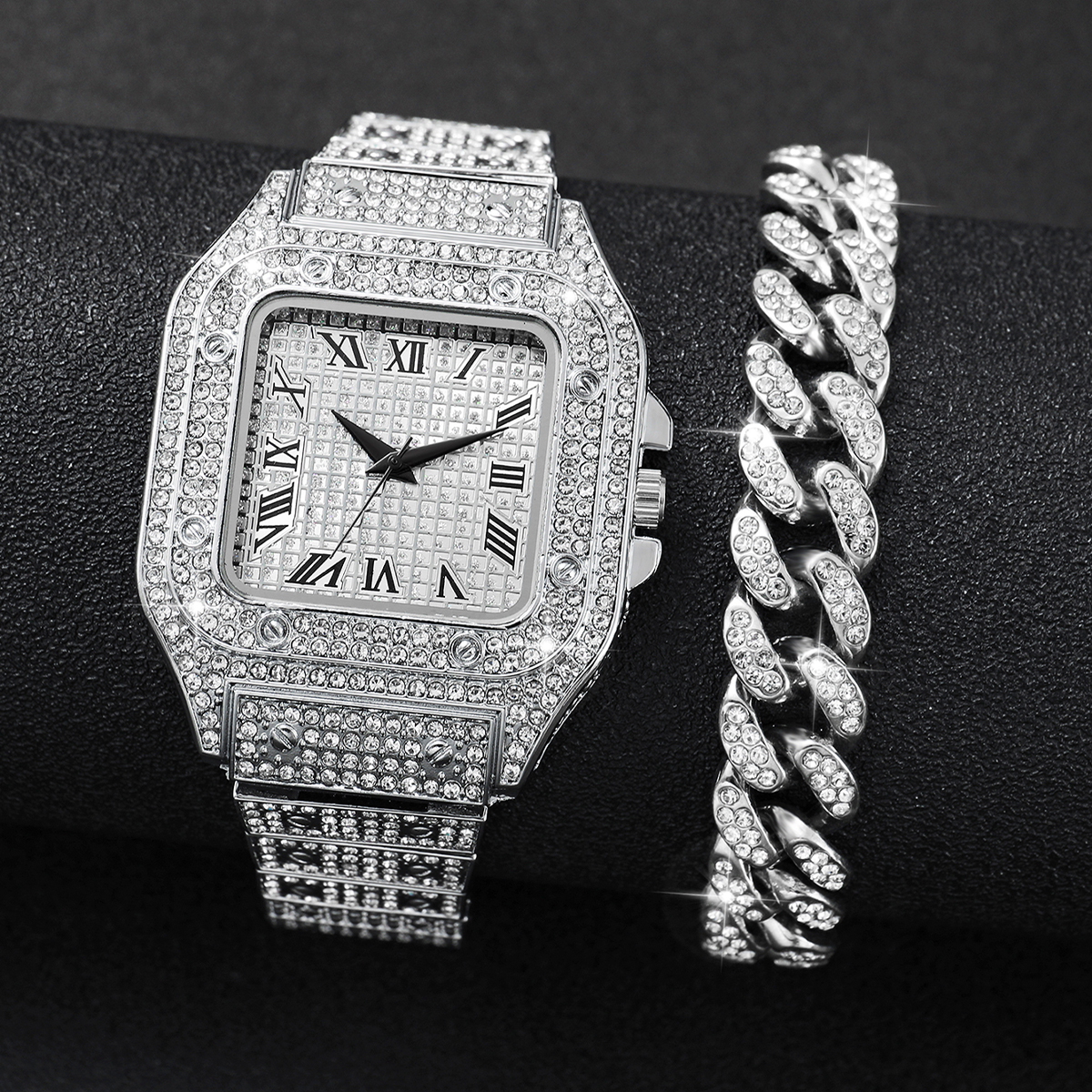 Jewelry Watches Men - 2個セット アイスアウト スクエアウォッチ＆キューバンリンクブレスレットセット - 高級感あふれるダイヤモンドクォーツ腕時計 メンズ向けヒップホップジュエリー