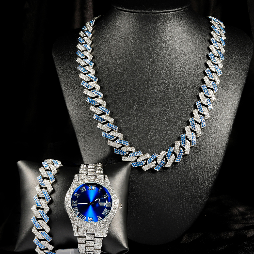 Jewelry Watches Men - 男性と女性のためのパンクスタイルのジュエリーセット,青と銀のキューバチェーン,象眼細工のダイヤモンドブレスレット,ヒップホップトレンド,パーティーギフト,3個