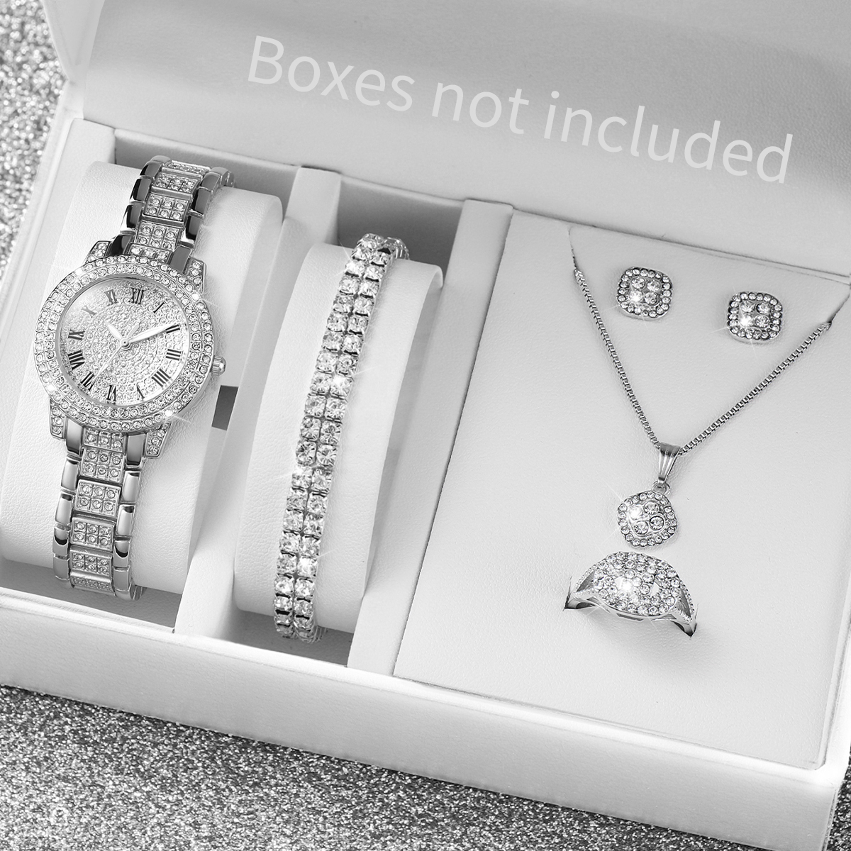 Jewelry Watches Silver - フルダイヤモンドシルバーシェルローマンダイヤルレディーススチールストラップウォッチスクエアラインストーンジュエリー5点セット、ギフトボックスは含まれません