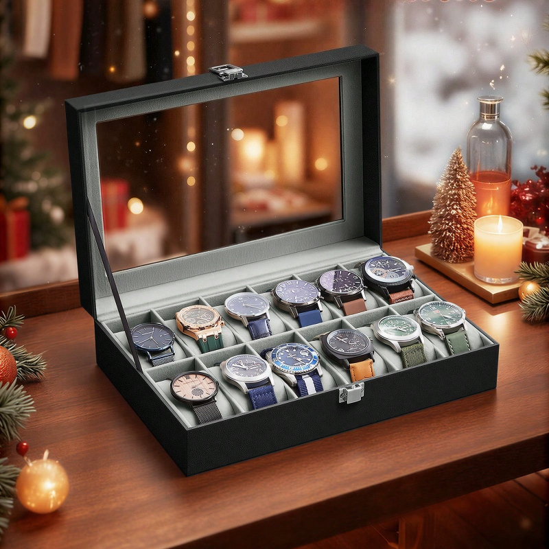 Jewelry And Watches Box - 12スロットのロック可能な時計ボックス、ガラス蓋と引き出し付き、2層レザー時計ディスプレイケースオーガナイザー、指輪、ブレスレット用、ブラック/ブラウン/グレー