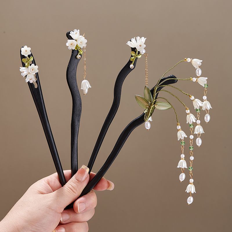 Shop Jewelry & Watches Near Me - 木製フラワーヘアピンヴィンテージ Convallaria Majalis ロングタッセルヘアスティック女性のためのエレガントな髪飾りピンジュエリーヘアアクセサリー