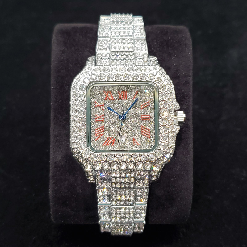 Jewelry Watches Silver - 高級ダイヤモンド腕時計女性用ファッションシルバーアイスアウトスクエア腕時計高品質ブリンブリンパーティージュエリー時計結婚式のギフト