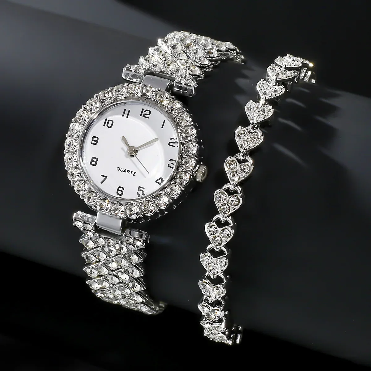 Jewelry Watches Silver - 1 個/2 個高級ファッション女性腕時計セットシルバーストラップレディースクォーツ腕時計合金ブレスレット女性のためのジュエリーセット時計ギフト