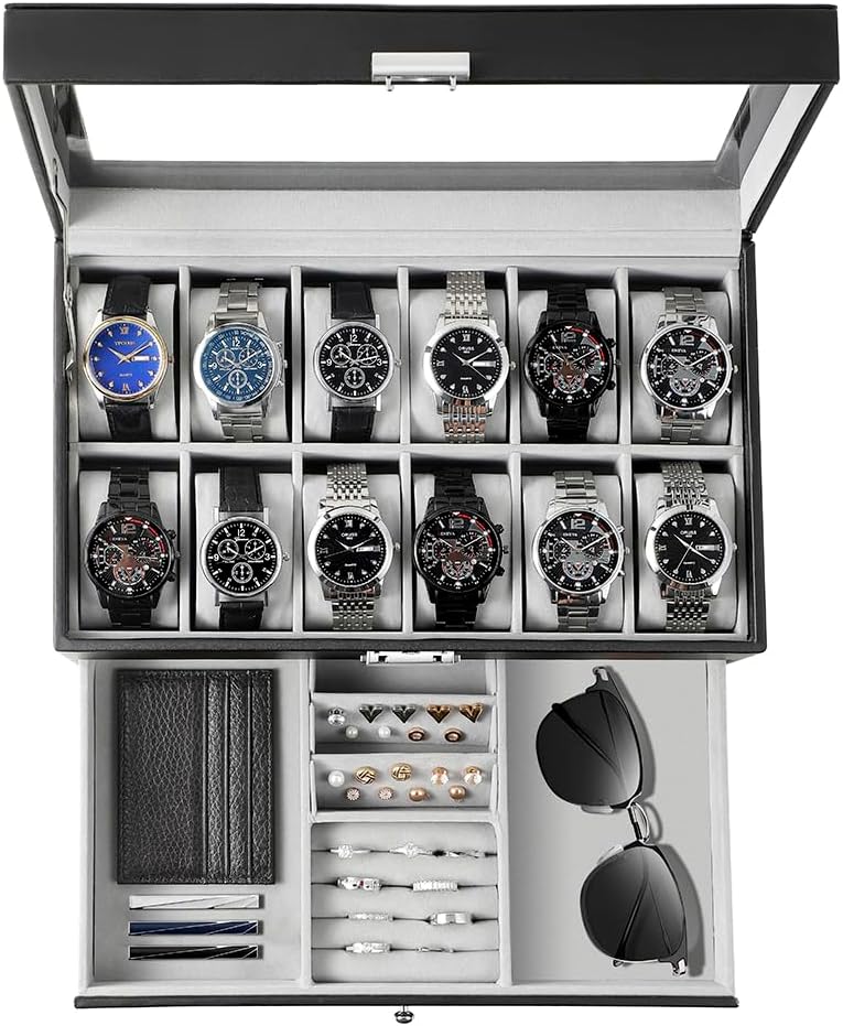 Jewelry And Watches Box - メンズギフト用腕時計ボックスオーガナイザー、ガラス蓋付き12スロット腕時計ケース、2段レザー製腕時計・ジュエリー用ディスプレイ収納