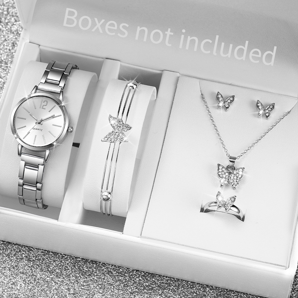 Jewelry Watches Silver - 6 個のファッション女性のクォーツ時計シルバー スチール バンド女性腕時計バタフライ ジュエリー セット