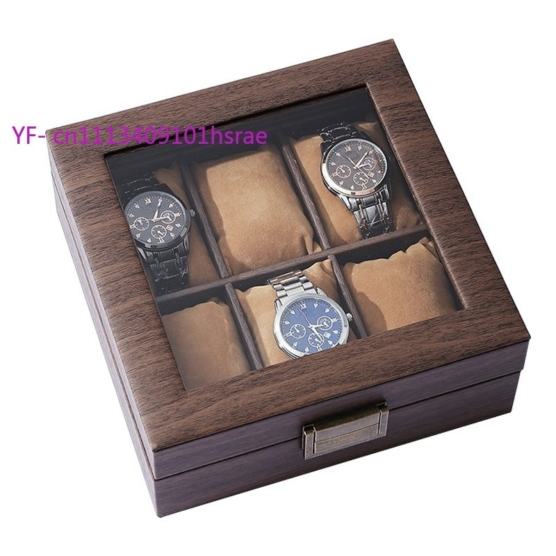 Jewelry And Watches Box - 高級PUレザー製腕時計ボックス 6スロット 木目調スクエア型ジュエリーディスプレイオーガナイザー