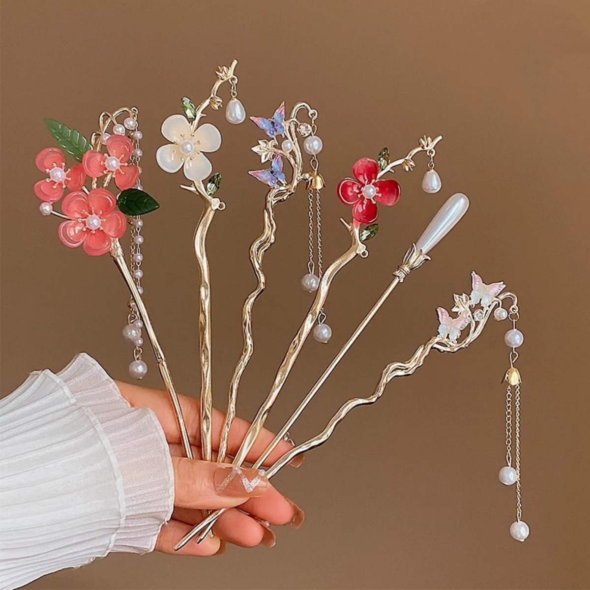 Shop Jewelry & Watches Near Me - 2025 新しい花のヘアピン女性のためのエレガントな花蝶パールタッセルヘアスティックトレンディなジュエリーヘアアクセサリーヘアクリップ