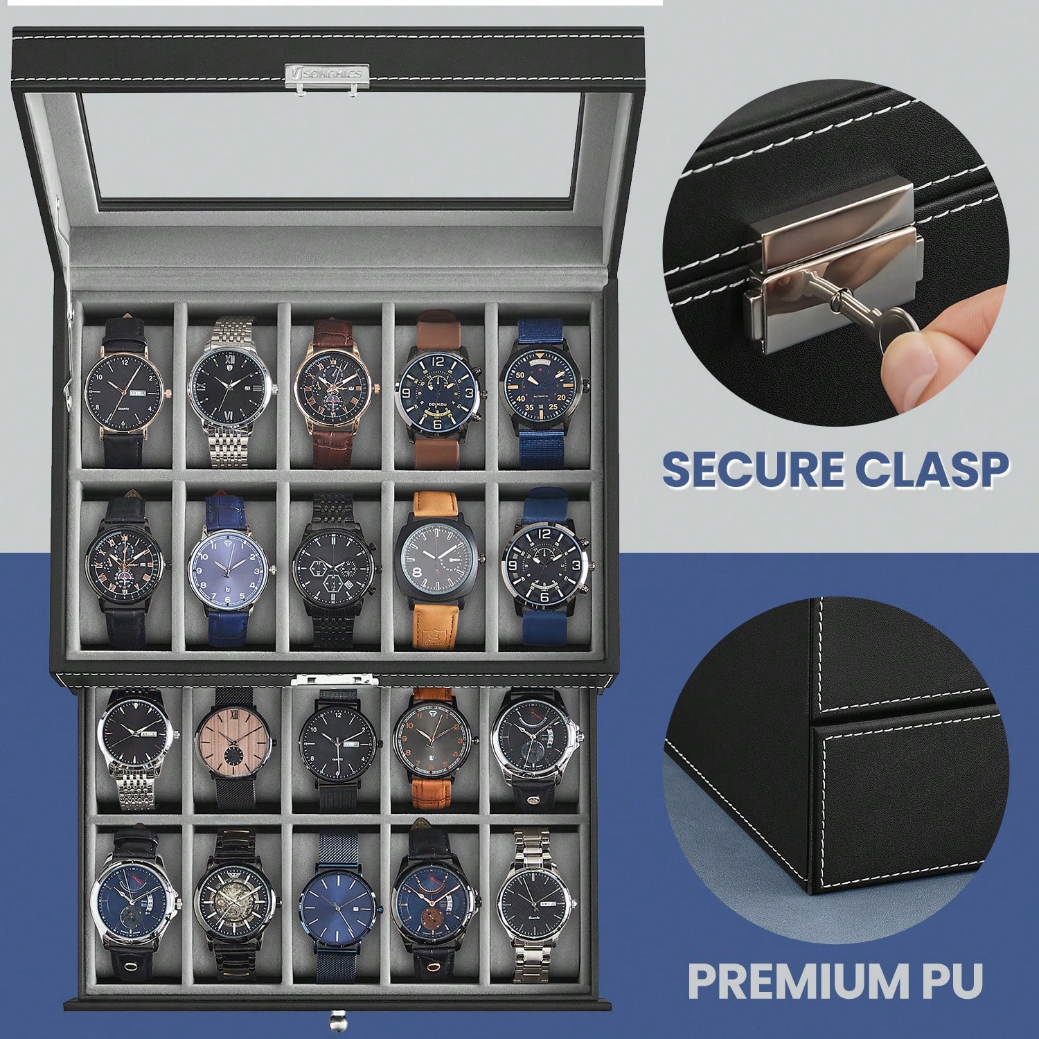 20スロット腕時計ボックス、ガラス蓋とロック付き、2層レザー - Jewelry And Watches Box のレビューと価格