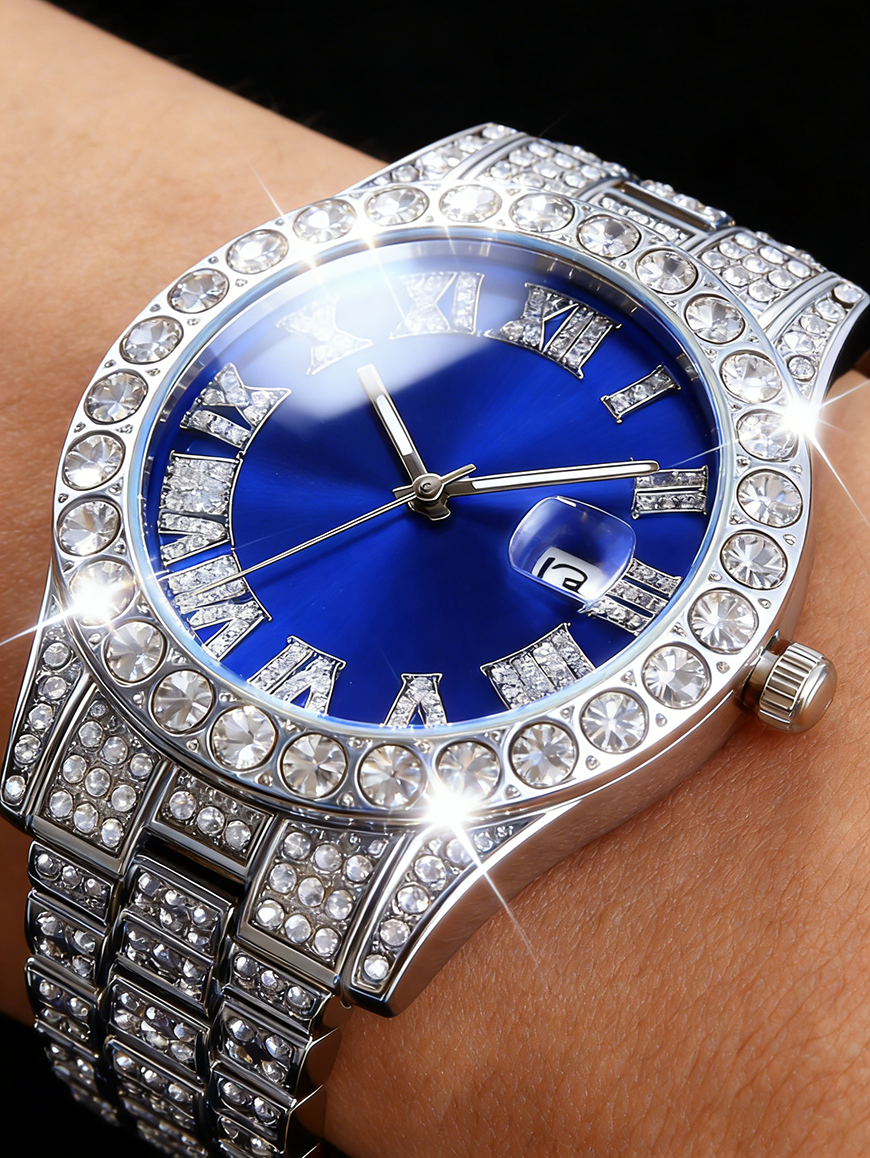 シルバーブルー メンズクォーツ腕時計セット ヒップホップブレ - Jewelry Watches Silver のレビューと価格