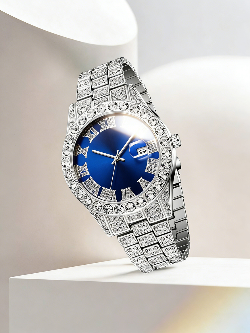 シルバーブルー メンズクォーツ腕時計セット ヒップホップブレ - Jewelry Watches Silver のレビューと価格