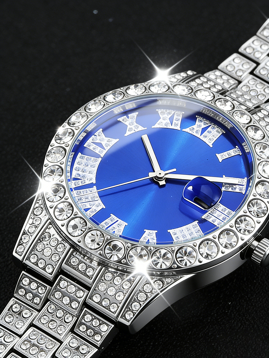 シルバーブルー メンズクォーツ腕時計セット ヒップホップブレ - Jewelry Watches Silver のレビューと価格