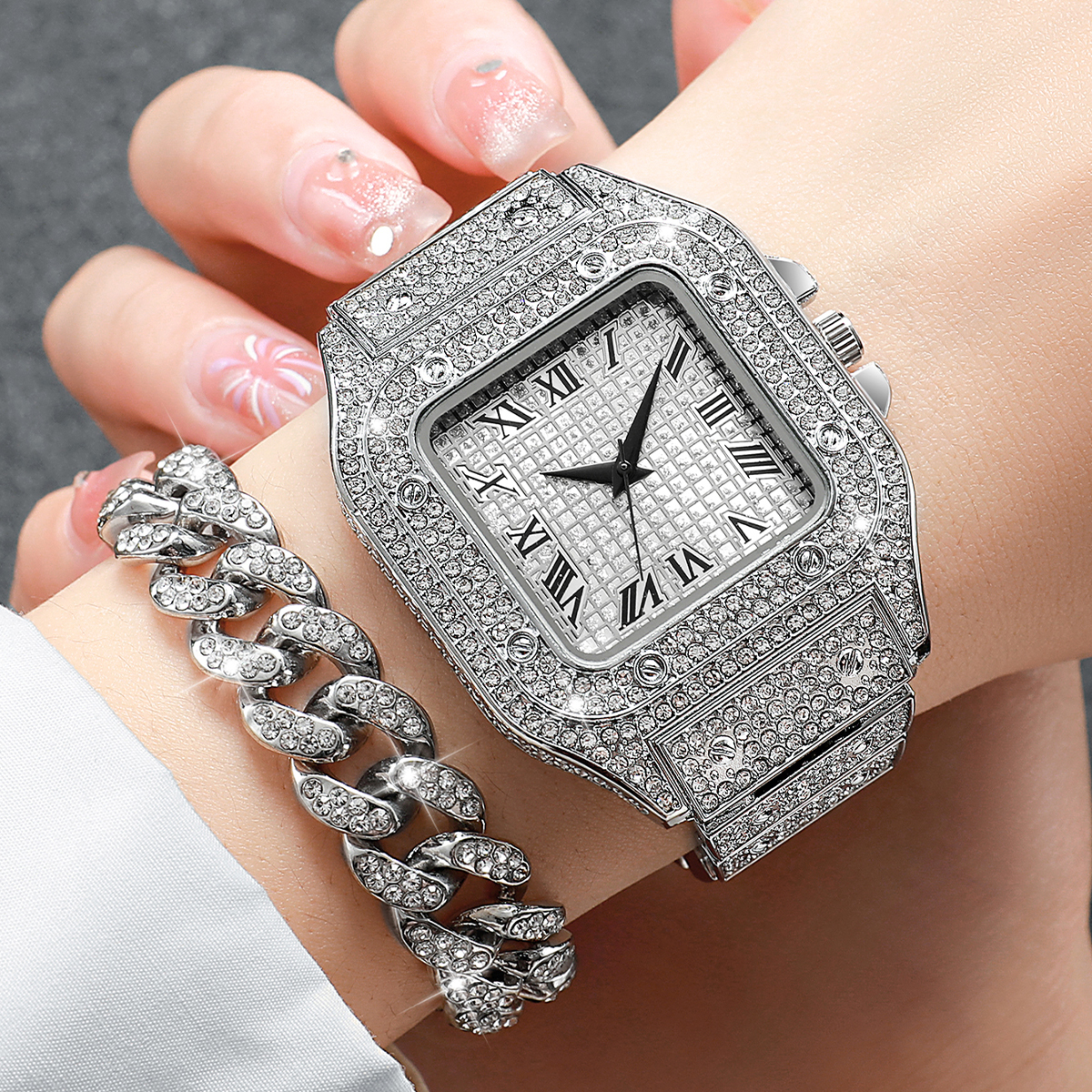 2個セット アイスアウト スクエアウォッチ＆キューバンリンク - Jewelry Watches Men のレビューと価格