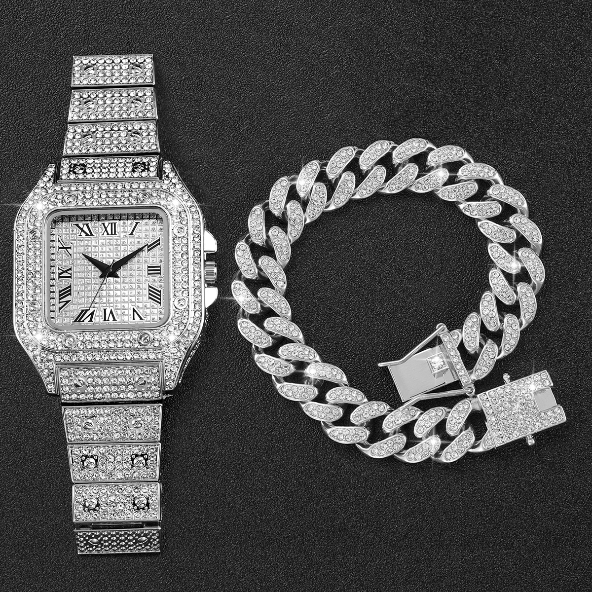 2個セット アイスアウト スクエアウォッチ＆キューバンリンク - Jewelry Watches Men のレビューと価格