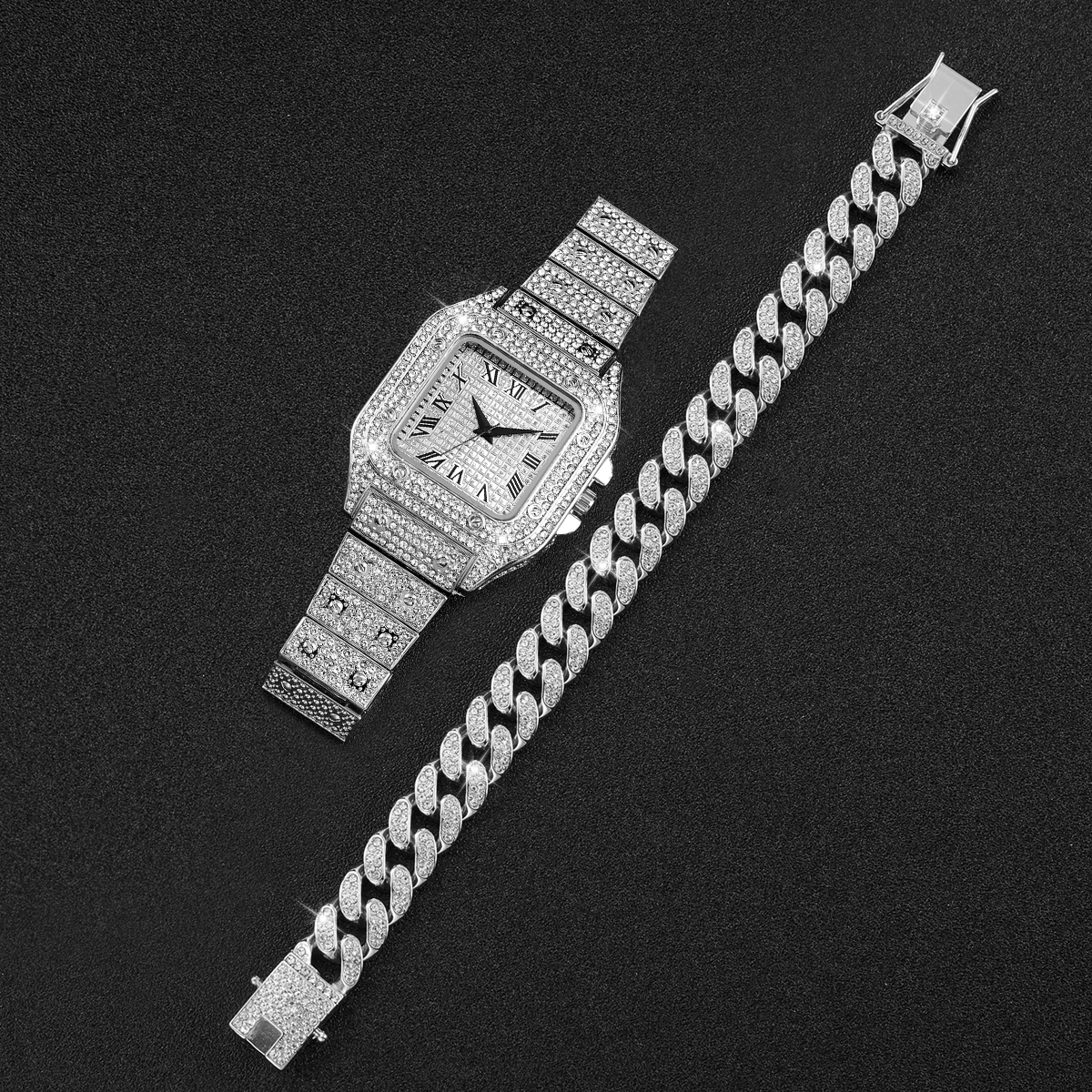 2個セット アイスアウト スクエアウォッチ＆キューバンリンク - Jewelry Watches Men のレビューと価格