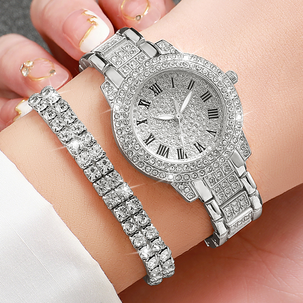 フルダイヤモンドシルバーシェルローマンダイヤルレディーススチ - Jewelry Watches Silver のレビューと価格