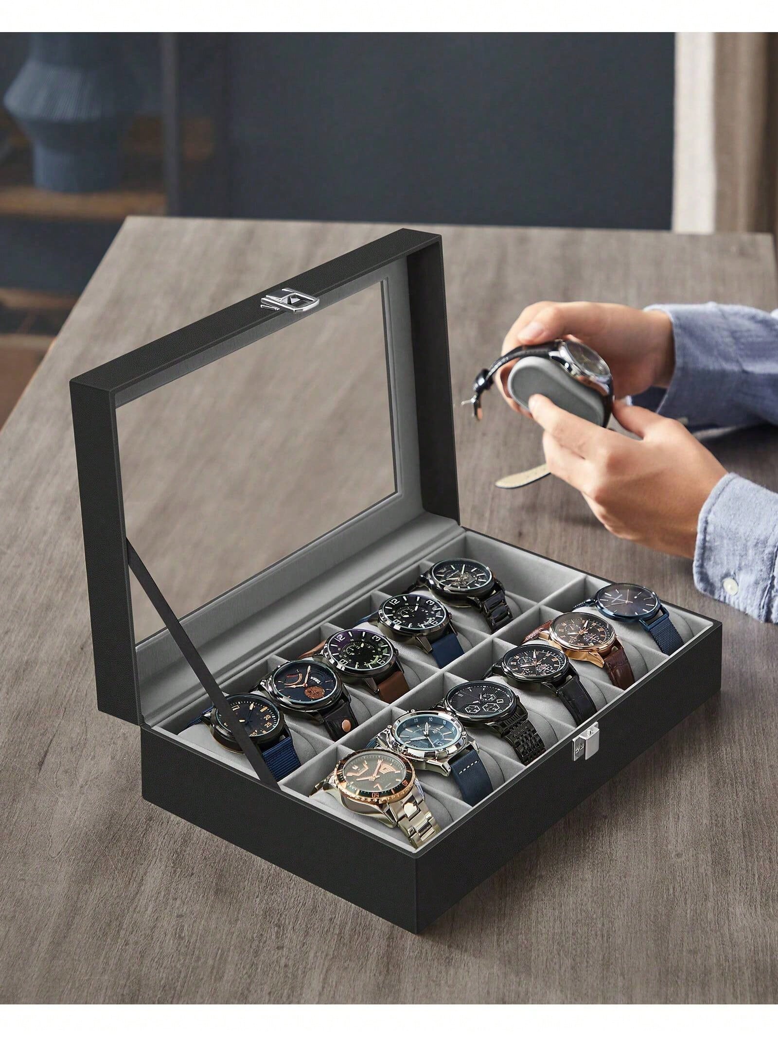 12スロットのロック可能な時計ボックス、ガラス蓋と引き出し付 - Jewelry And Watches Box のレビューと価格