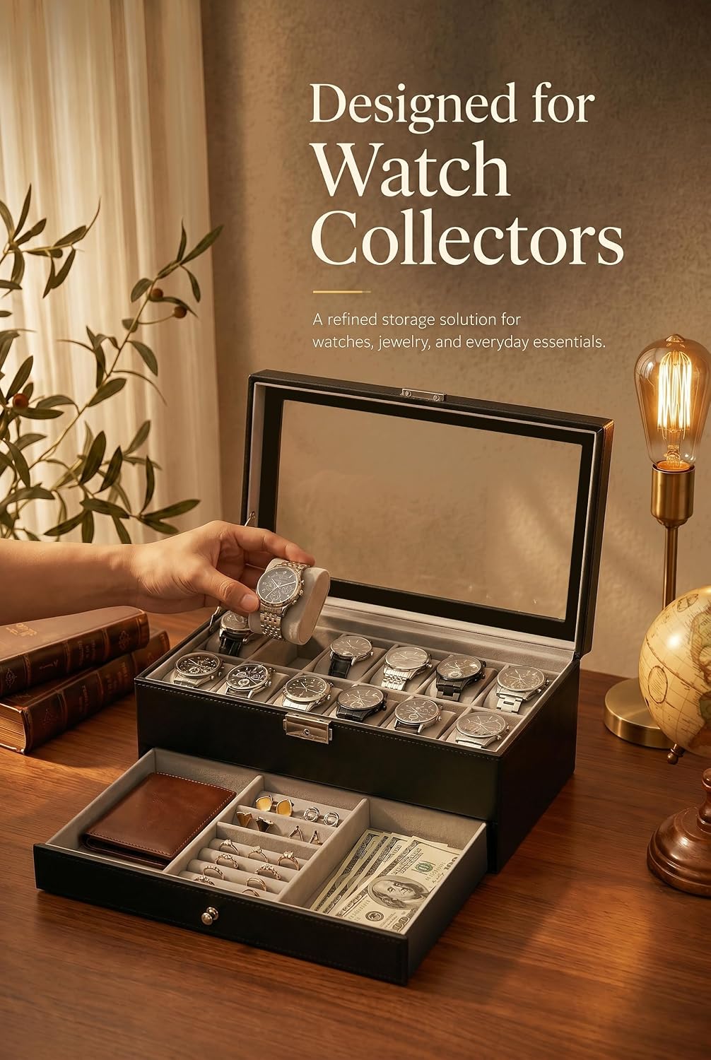メンズギフト用腕時計ボックスオーガナイザー、ガラス蓋付き12 - Jewelry And Watches Box のレビューと価格