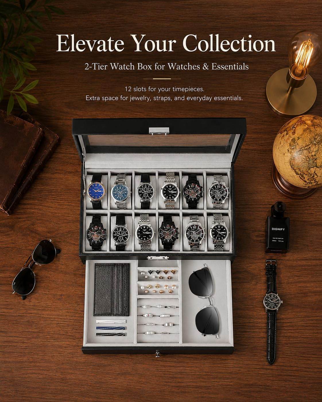 メンズギフト用腕時計ボックスオーガナイザー、ガラス蓋付き12 - Jewelry And Watches Box のレビューと価格