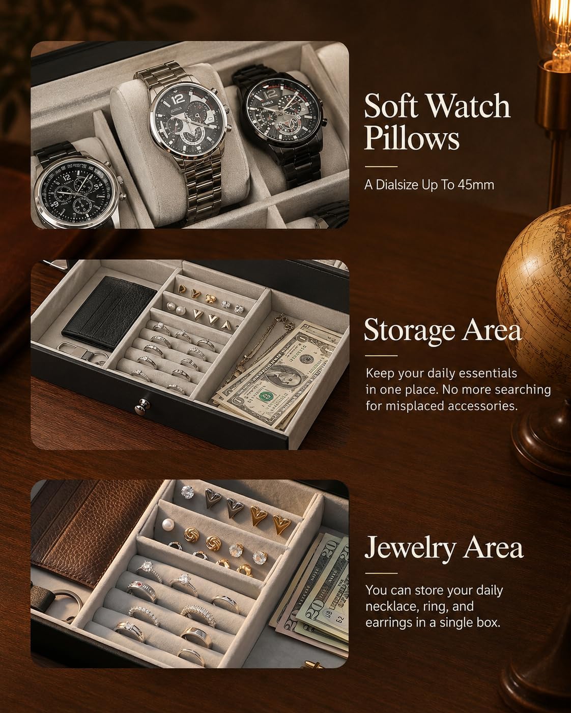 メンズギフト用腕時計ボックスオーガナイザー、ガラス蓋付き12 - Jewelry And Watches Box のレビューと価格
