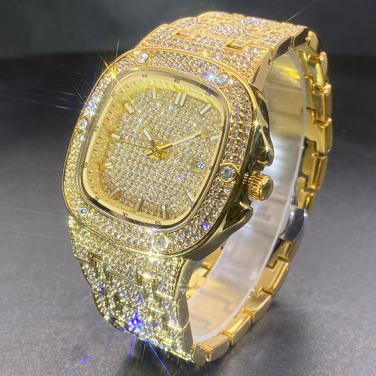 スクエア腕時計男性女性用光沢のあるフルストーンカップルクォー - Jewelry Watches Men のレビューと価格